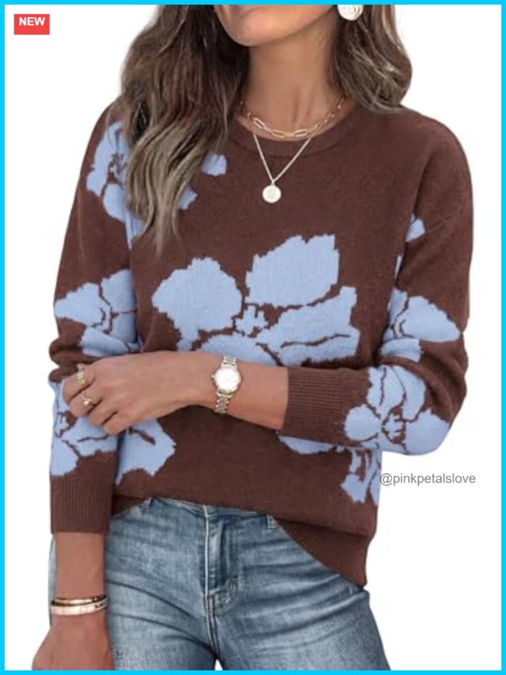 Womens Floral Crewneck Pullover Sweater Relaxed Fit Long Sleeve Fall Winter Top